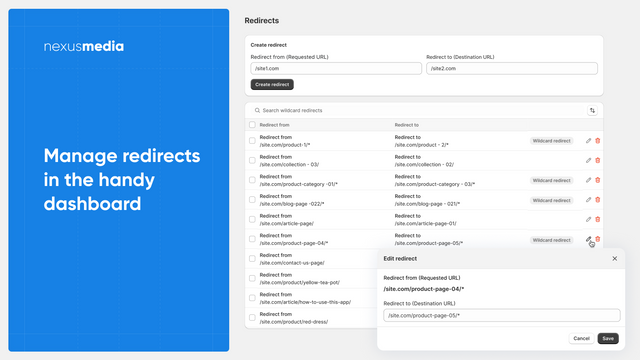 Manage 301 redirects via a user-friendly dashboard