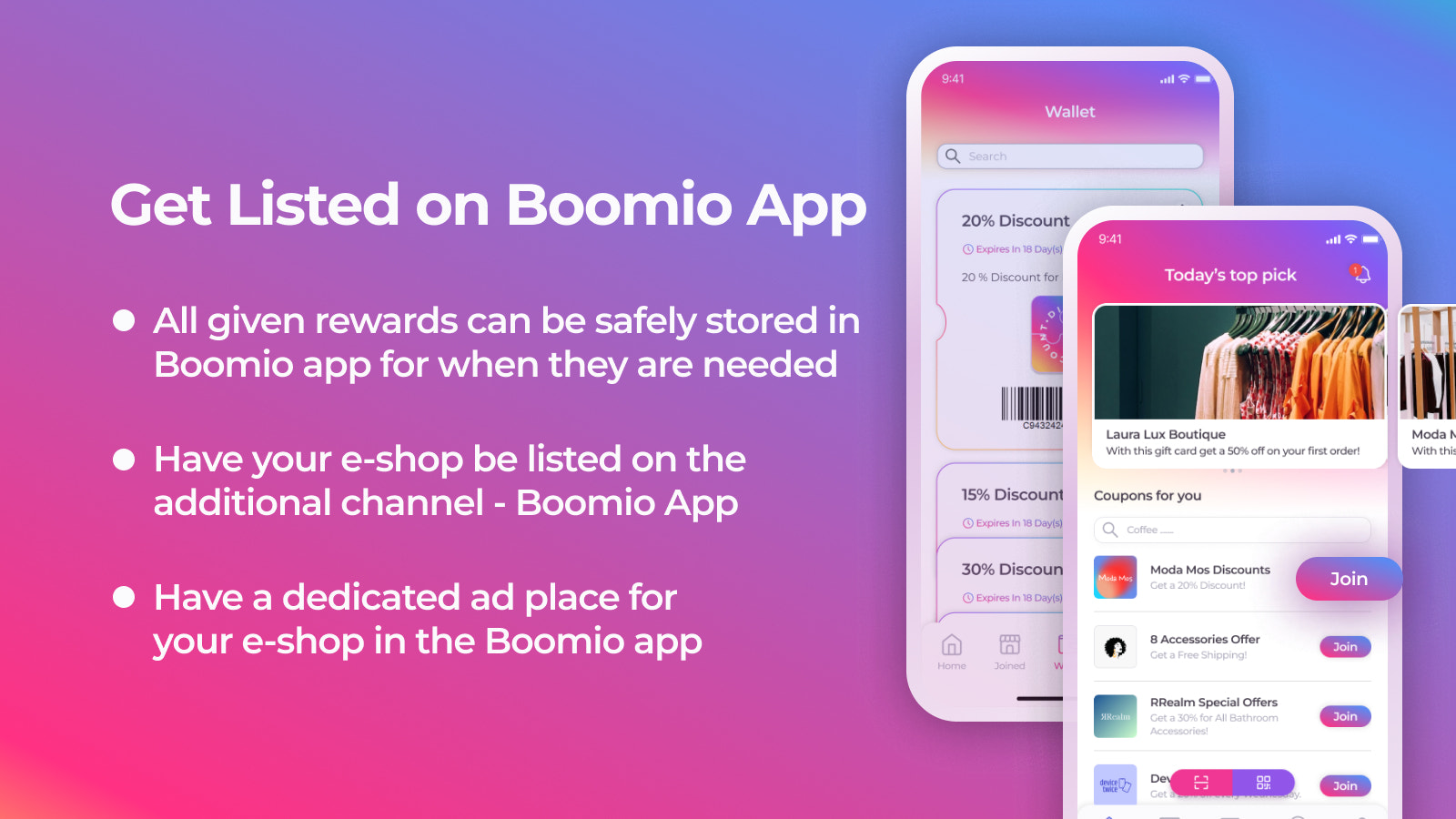 Obtenez votre e-boutique listée sur l'application Boomio.
