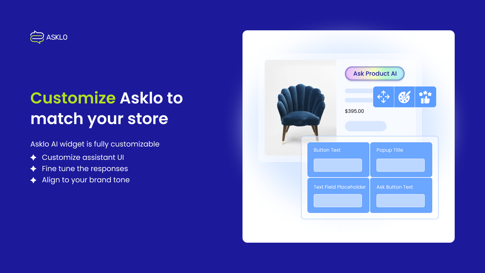 Customize Asklo AI Assistant - style, brand, tone to match store