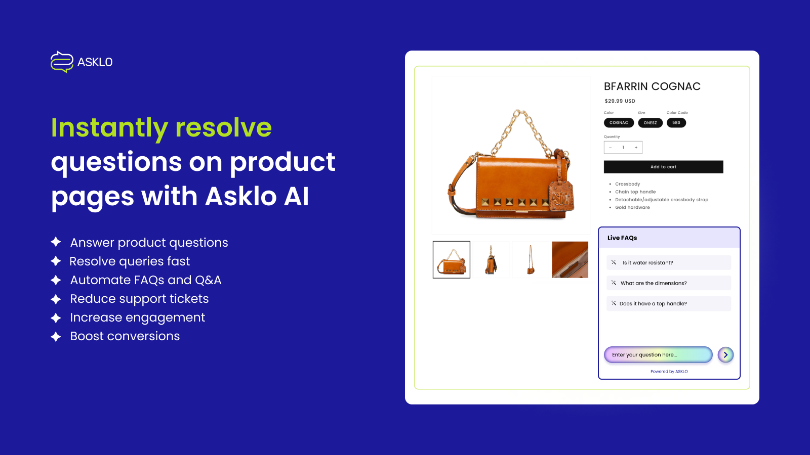 Asklo AI-assistent beantwoordt productvragen, vragen, FAQ, Q&A