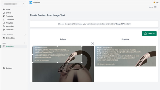 Snapulate's Seite zum Erstellen von Produkten aus Bildern