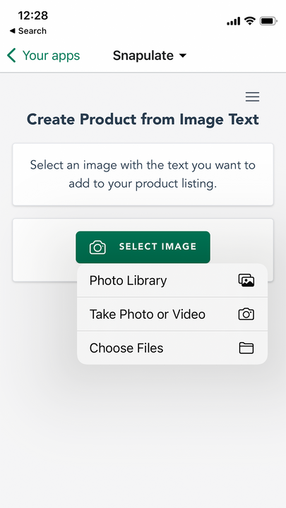 Página de Snapulate para crear producto a partir de imagen