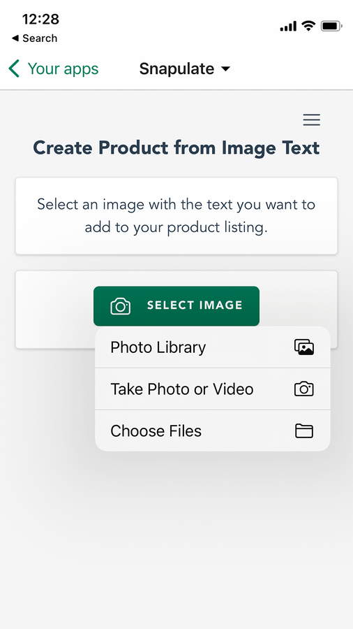 Snapulate's create product from image page