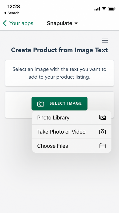 Page de création de produit à partir d'image de Snapulate