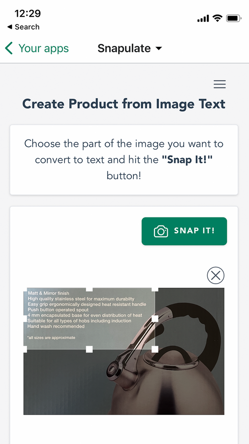 Snapulate's text selection tool