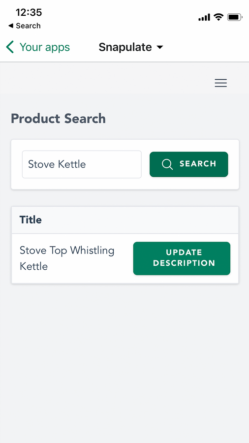 Snapulate's product search page