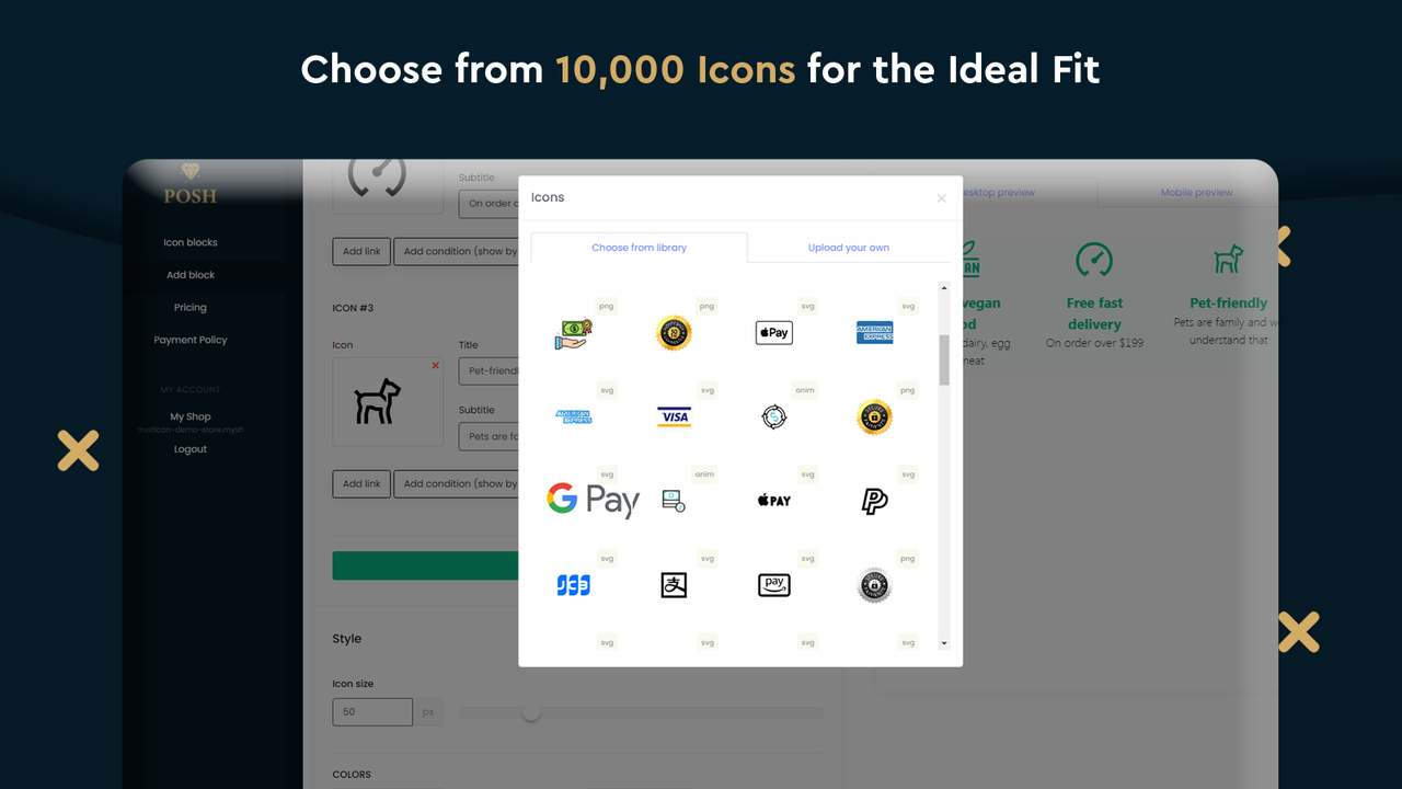 Escolha entre 10.000 ícones para o ajuste ideal