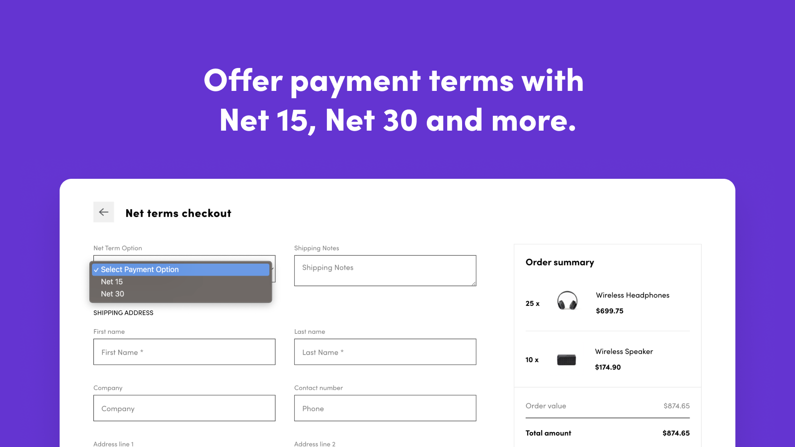 Tilbyd betalingsbetingelser med Net 15, Net 30 og mere