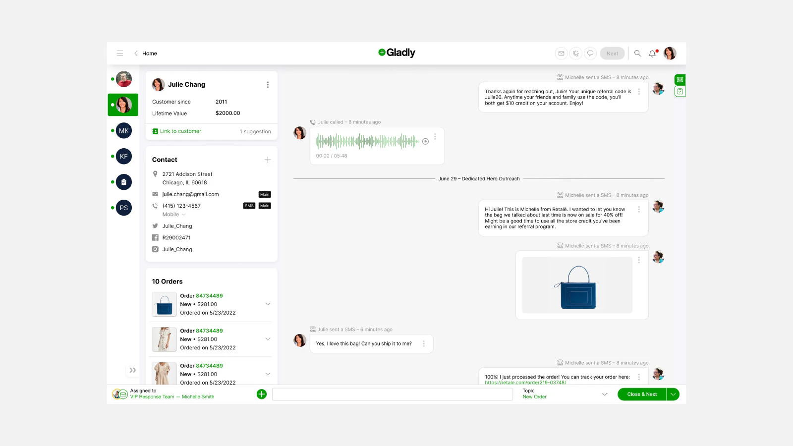 Visão completa do cliente com uma linha do tempo de conversa única