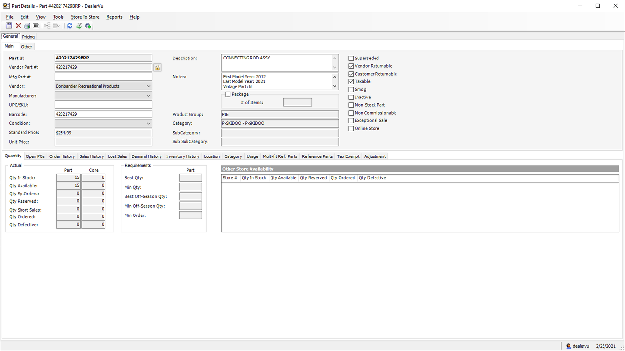Product details in a DMS desktop application (retail store)