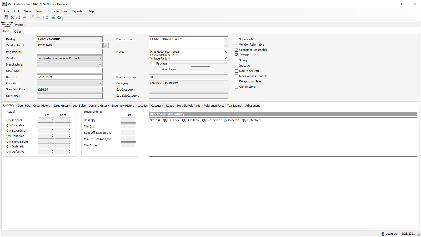 Detalhes do produto em um aplicativo de desktop DMS (loja física)