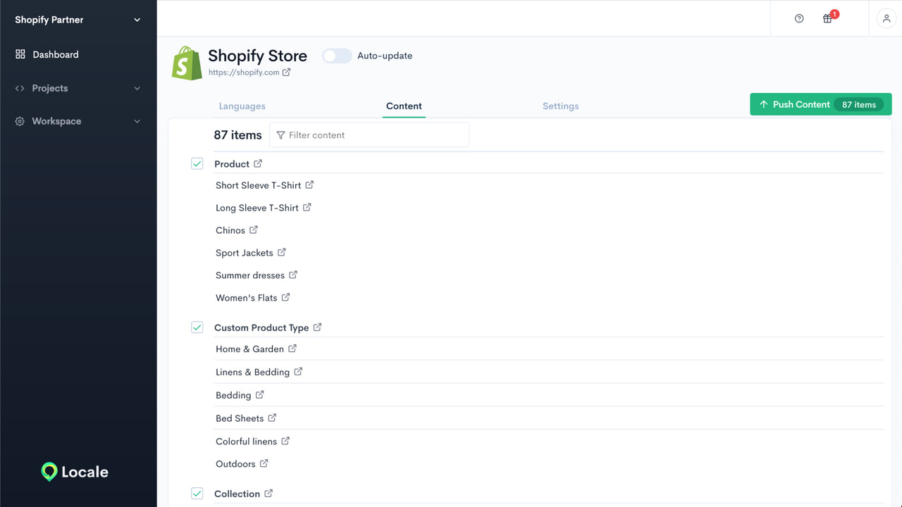 Bildschirm listet alle verfügbaren Inhalte aus dem Shopify-Shop auf