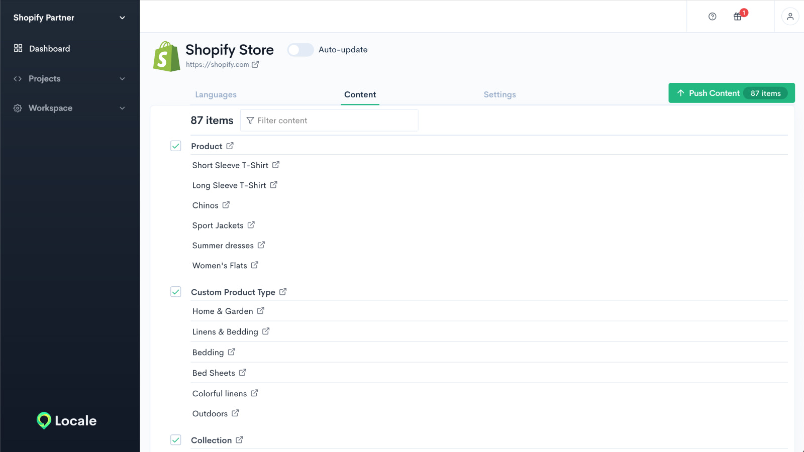 Écran listant tout le contenu disponible de la boutique Shopify