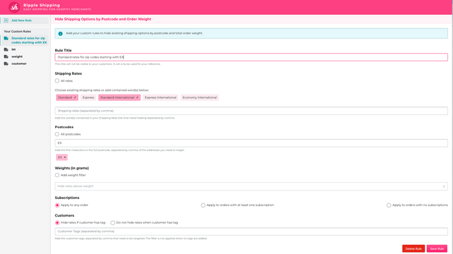 Hide Standard shipping rate for ZIP codes starting wit EX