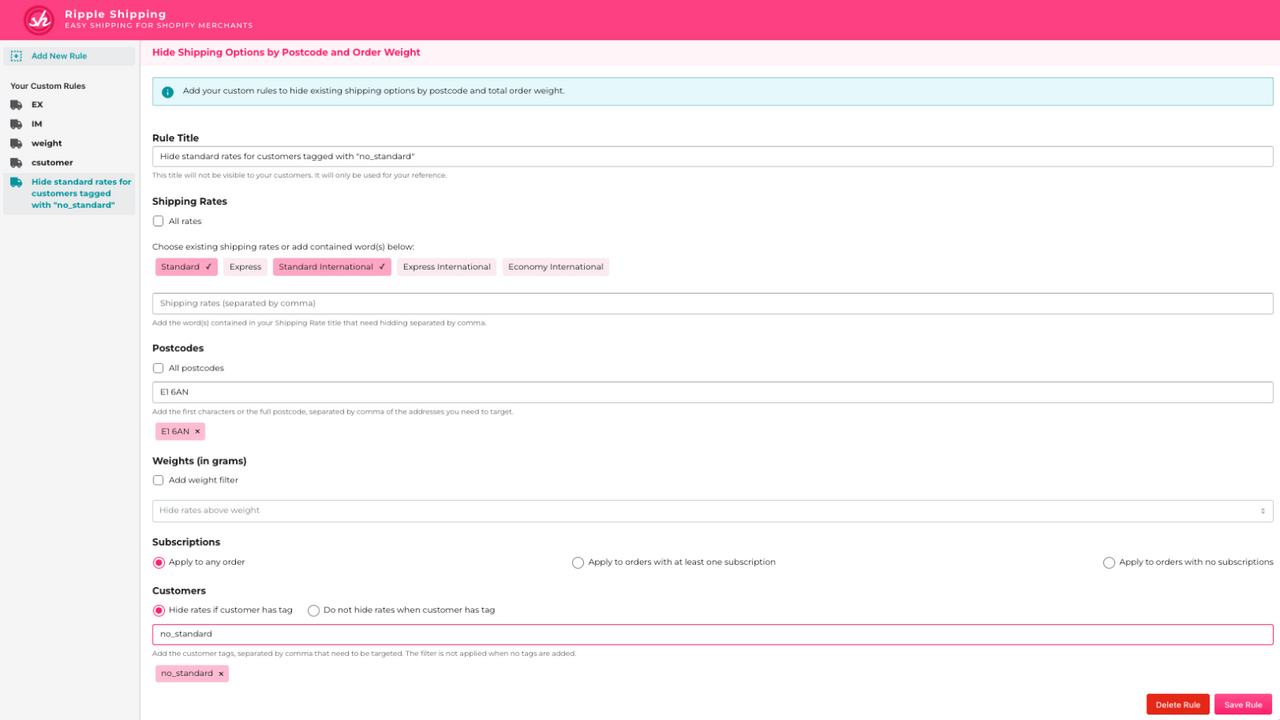 Hide Standard shipping rate for tagged customers