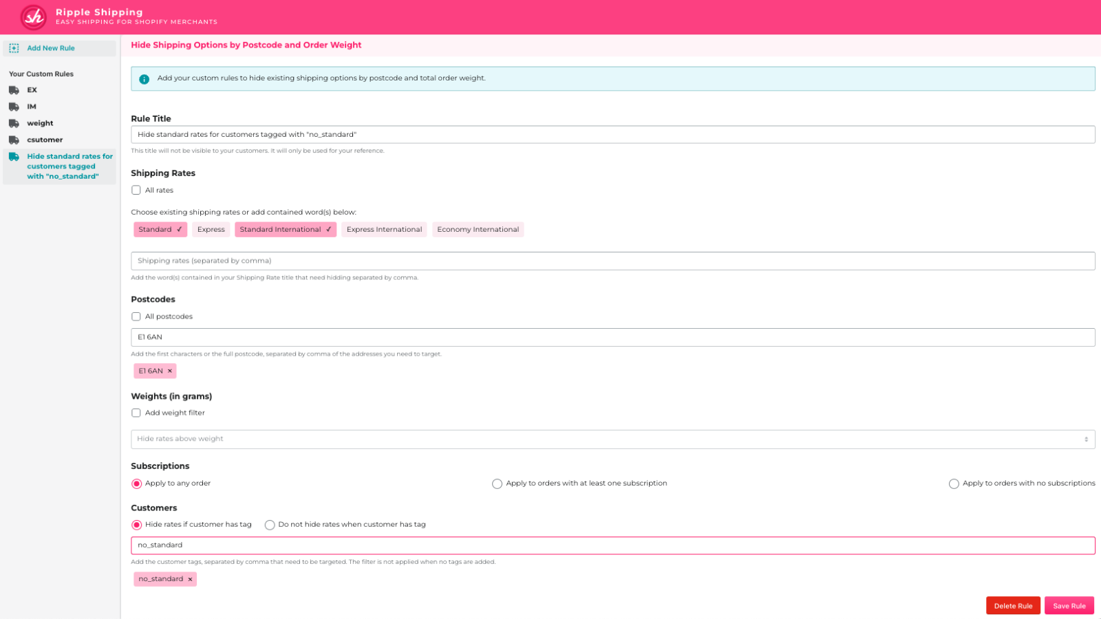 Hide Standard shipping rate for tagged customers