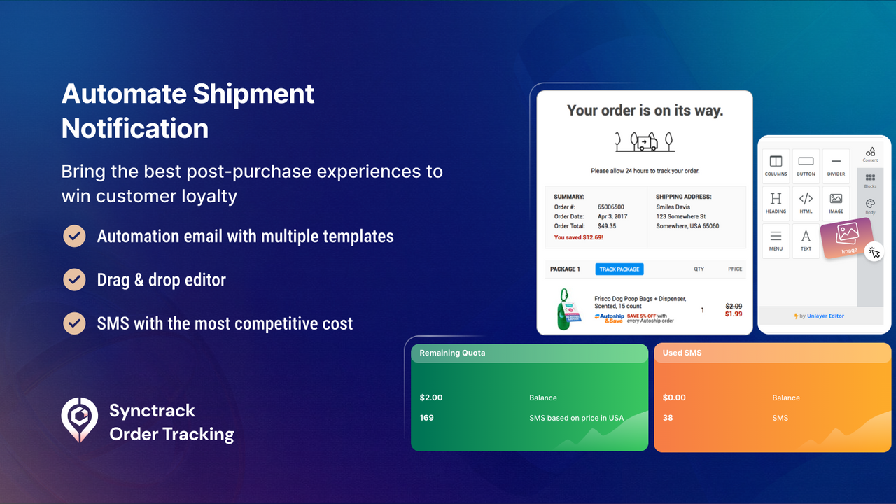 order tracking notification via email, and sms