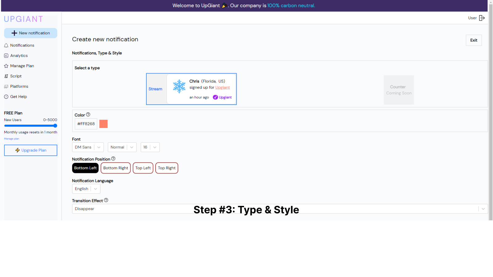 Paso 3: Define el tipo y estilo de notificación emergente