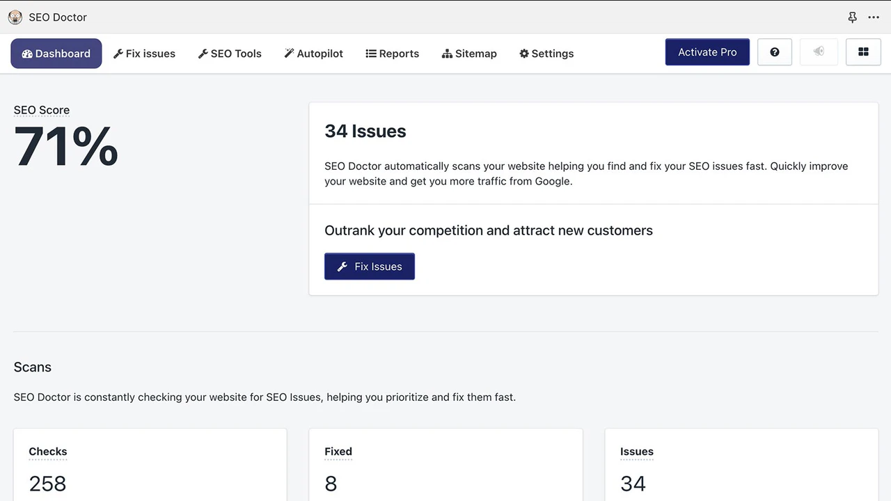 Dashboard met SEO-score en aantal problemen