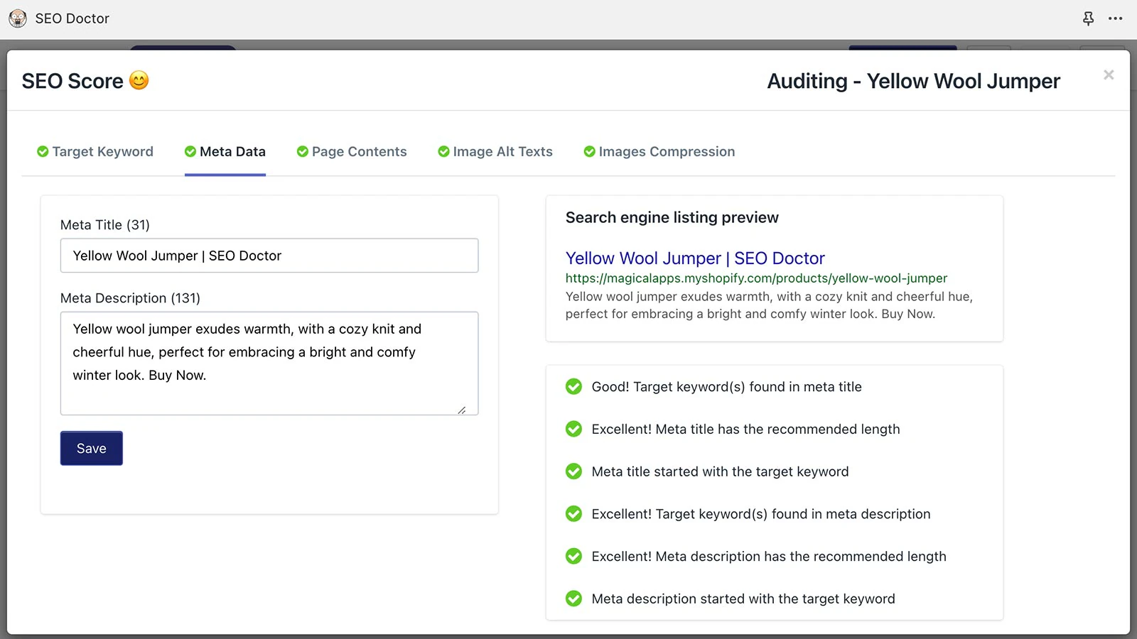 Tabbed interface for fixing seo issues on product