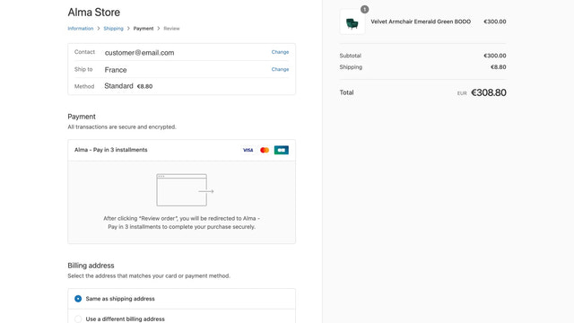 Méthode de paiement Alma dans le paiement Shopify