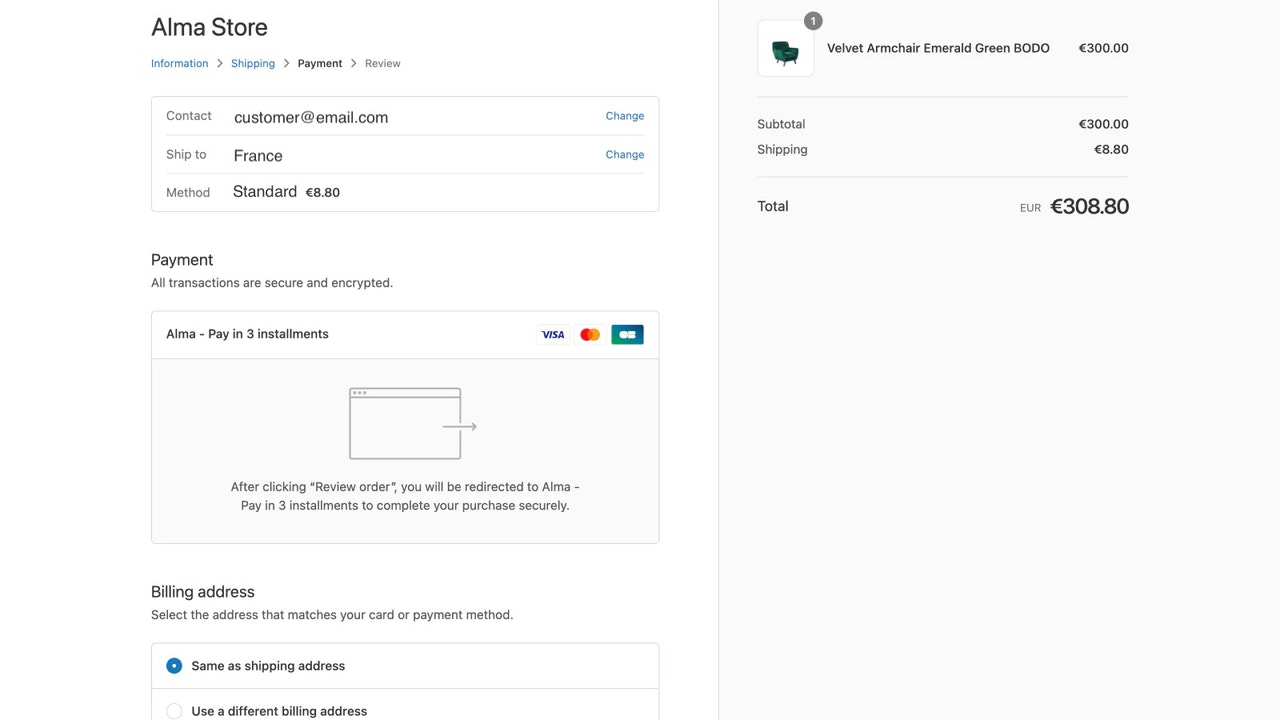 Méthode de paiement Alma dans le paiement Shopify