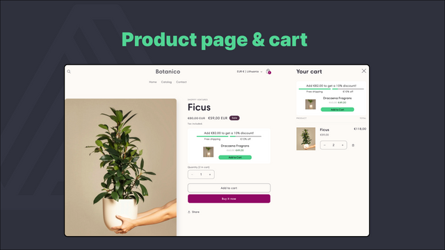 Vue de la page produit et du panier Apex Cart Progress & Upsell