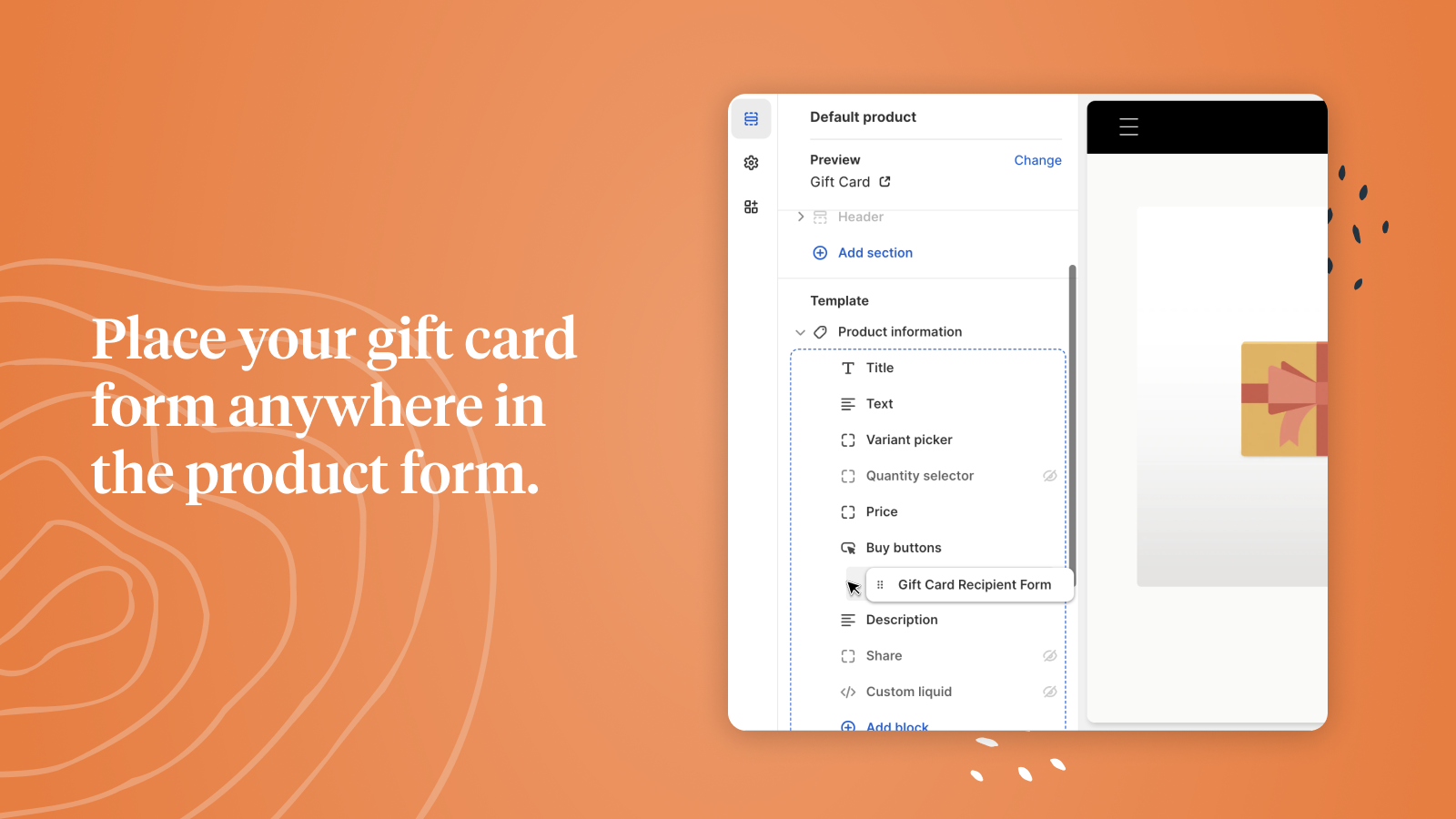 bloque de aplicación de formulario de destinatario de tarjeta de regalo en el personalizador de tema