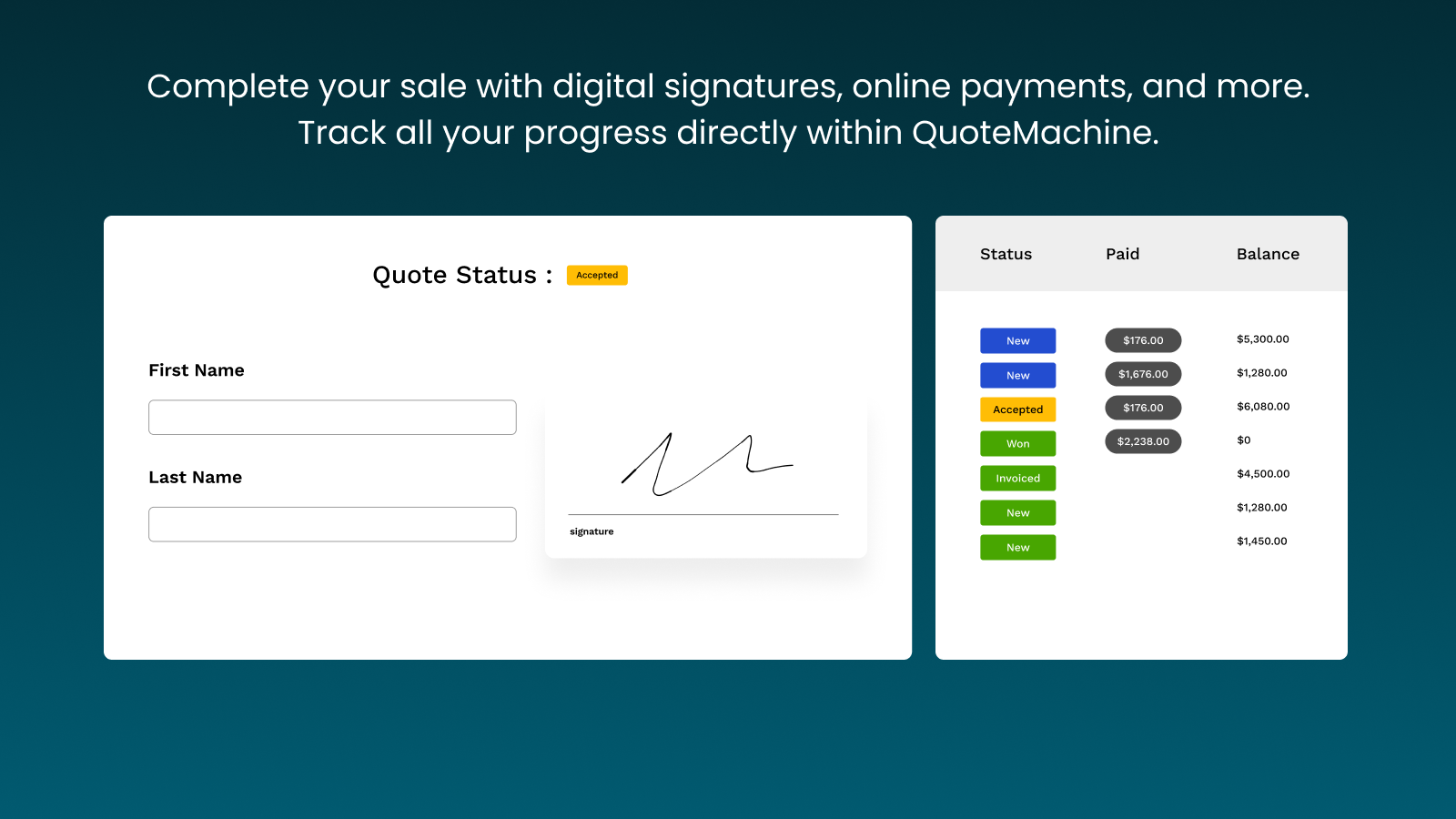 Concluez la vente avec signature, paiements, formulaires personnalisés et plus encore.