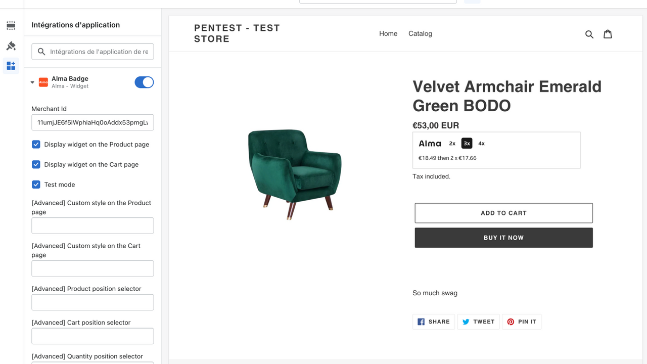Alma Widget configuration in Shopify Backoffice