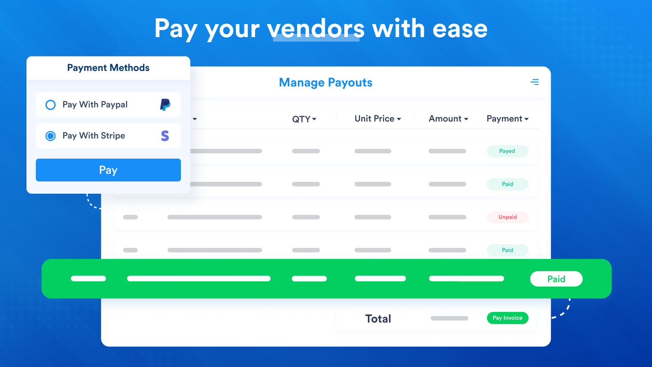 Pague aos fornecedores com PayPal ou Stripe