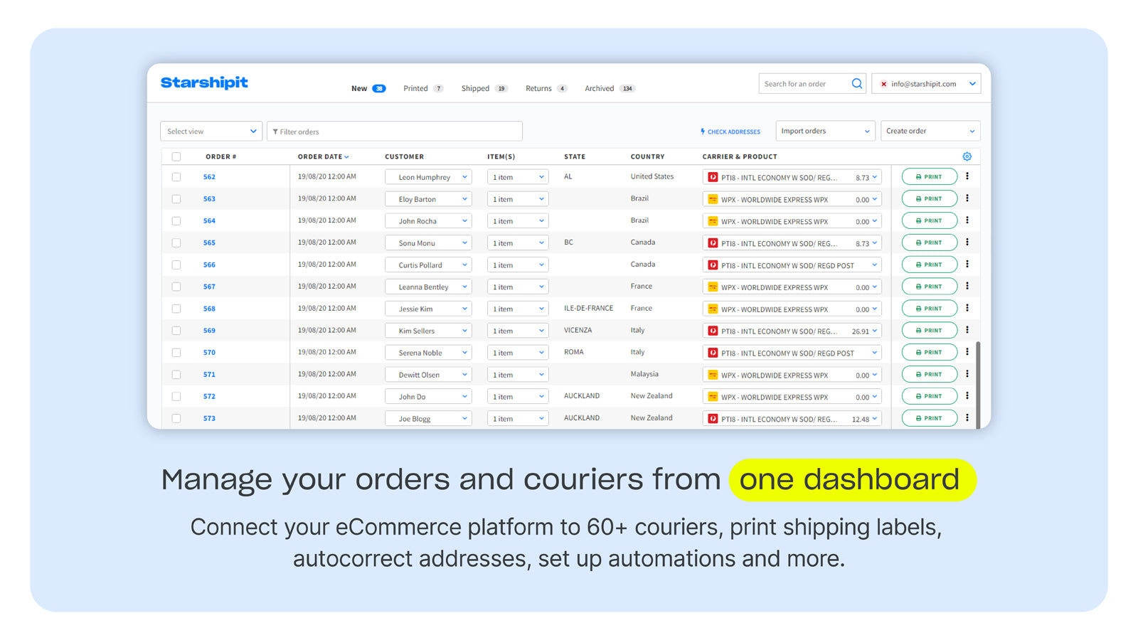 Tableau de bord multi-courrier Starshipit pour l'exécution des commandes en ligne