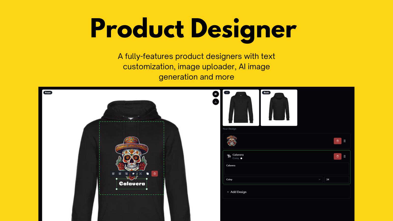 Diseñador de productos con cargador de imágenes y personalización de texto