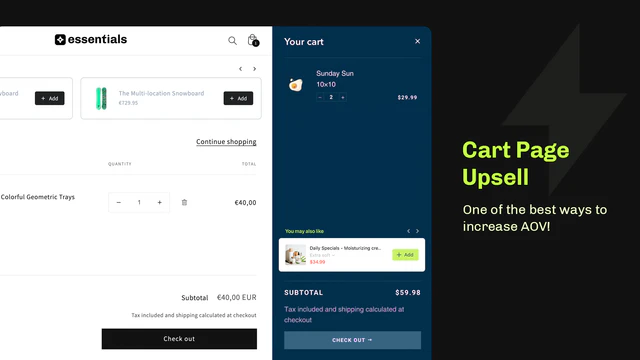 Upsell na página de carrinho Shopify Essential e upsell na gaveta do carrinho