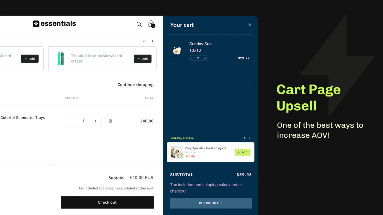 Essential Shopify cart page upsell and cart drawer upsell