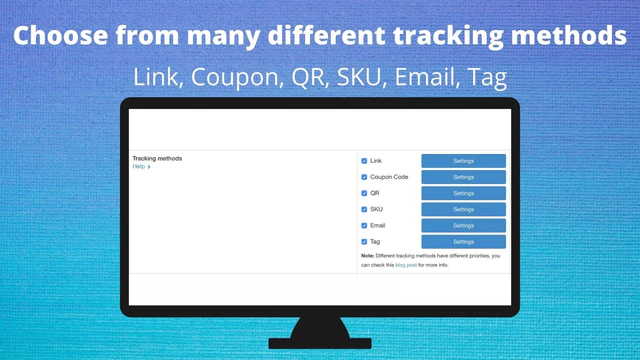 Múltiplos métodos de rastreamento: Link, Cupom, QR, SKU, Email, Tag