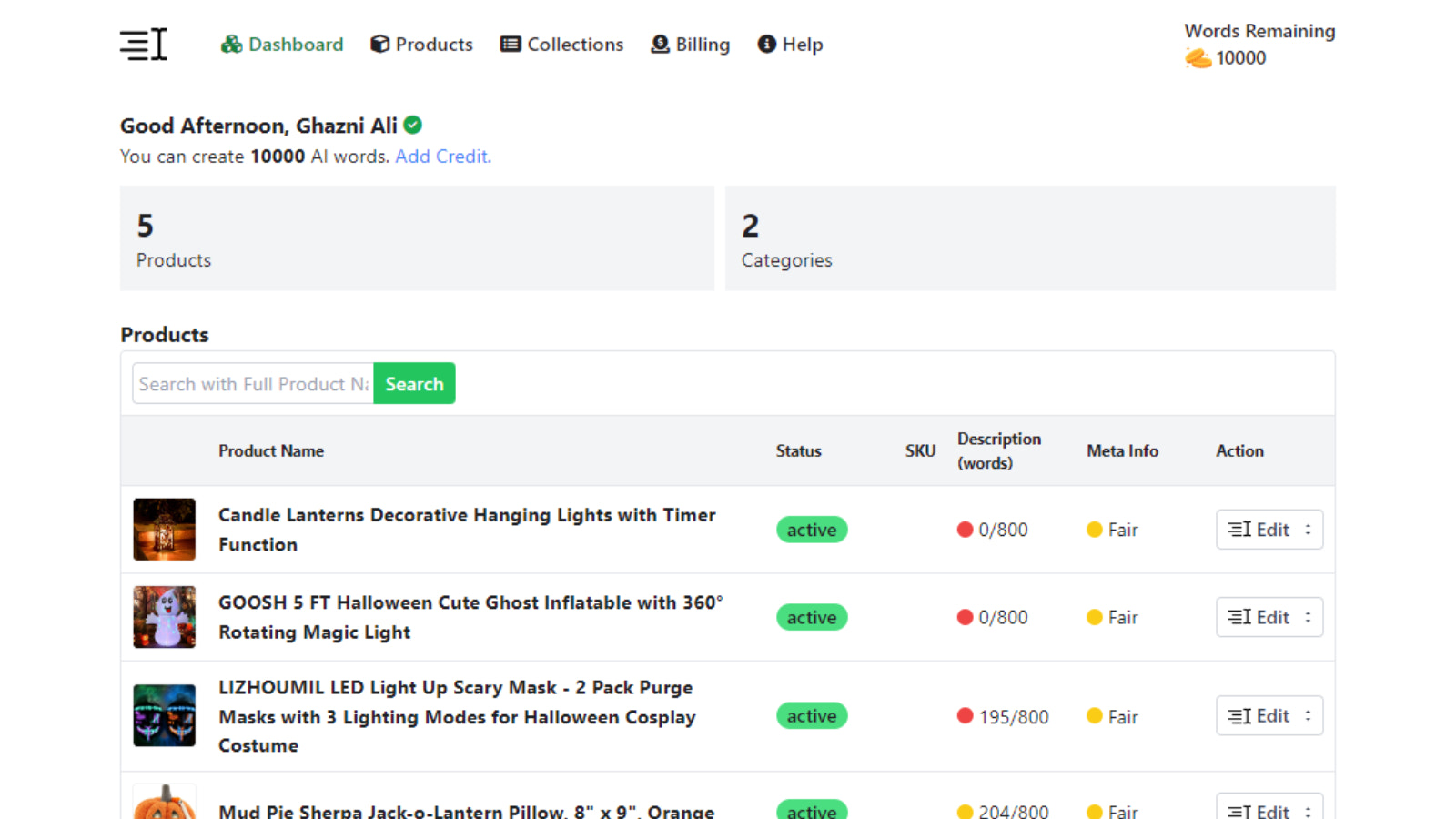 Dashboard Productbeschrijving Generator