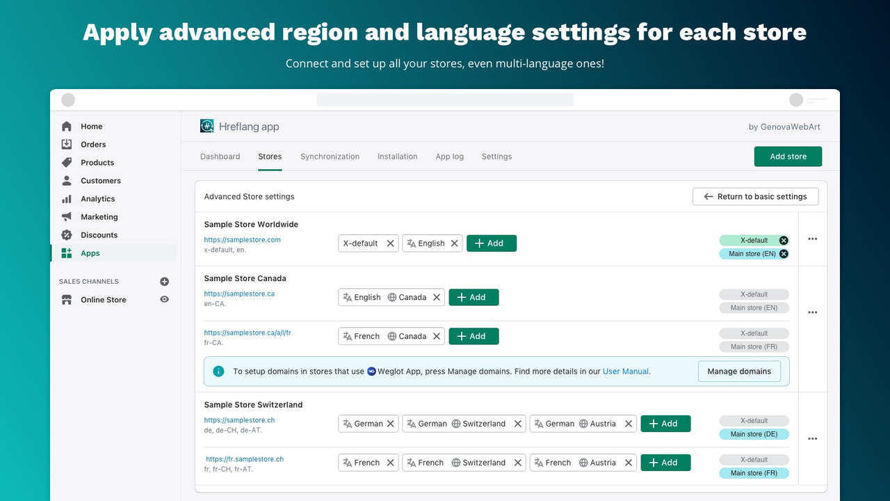 Configuraciones avanzadas de hreflang de la aplicación Hreflang Manager de todas las tiendas