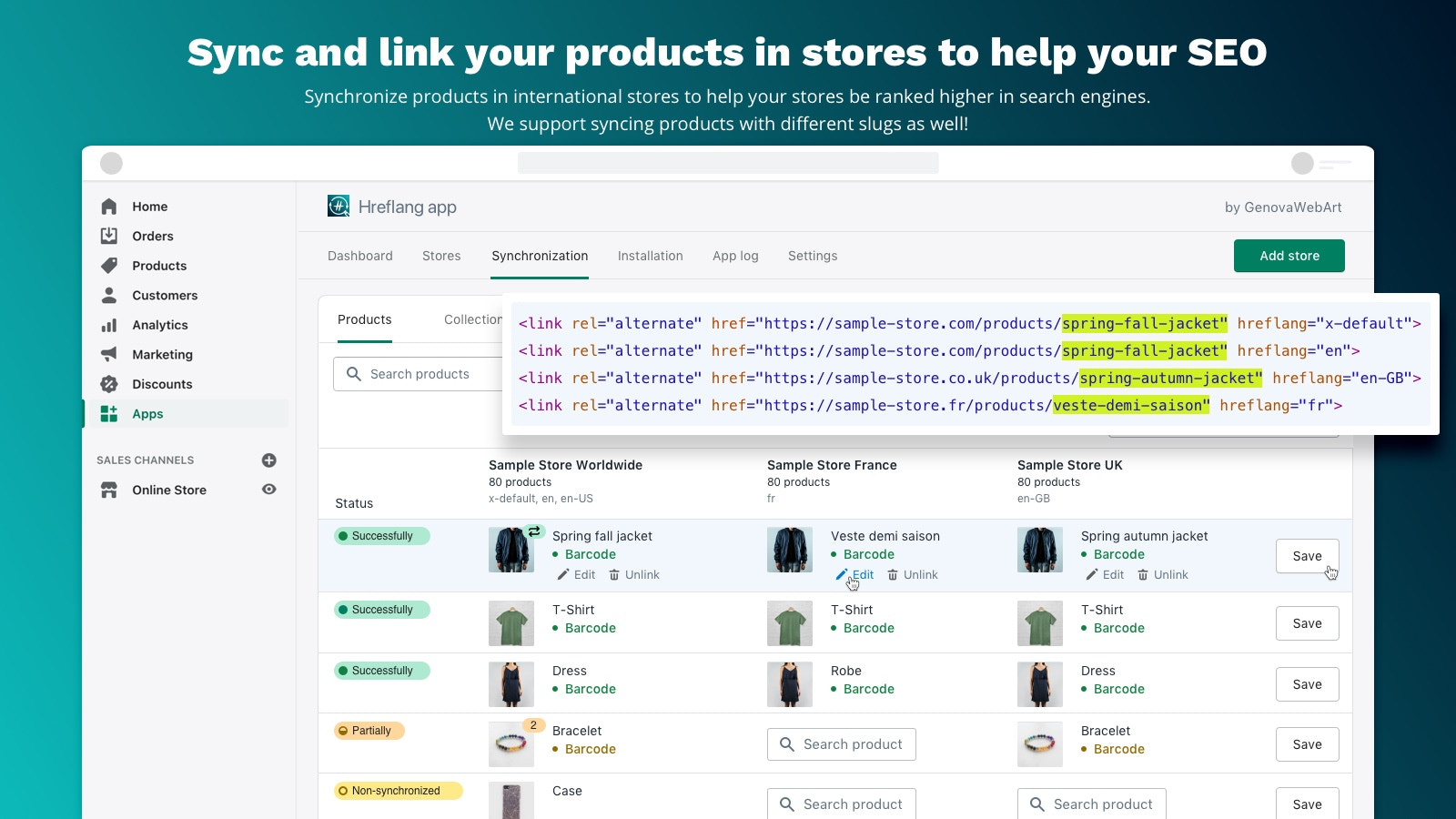 Synchronisation de l'application Hreflang des produits avec différents slugs