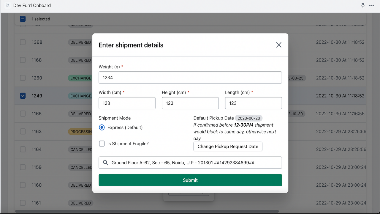 Enter the Shipment details for Pickup Request