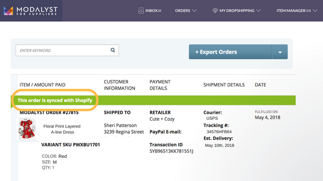 Los pedidos se sincronizan con Shopify, incluyendo la información de envío del cliente