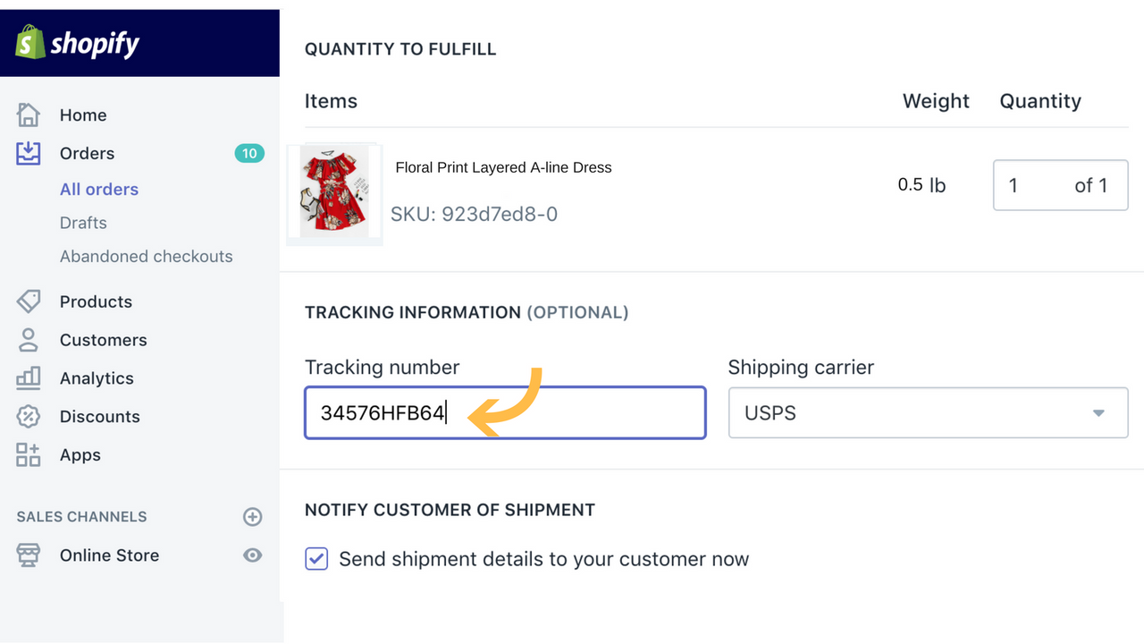 Administrer ordrer på Shopify, og sporingsinfo sendes til forhandler