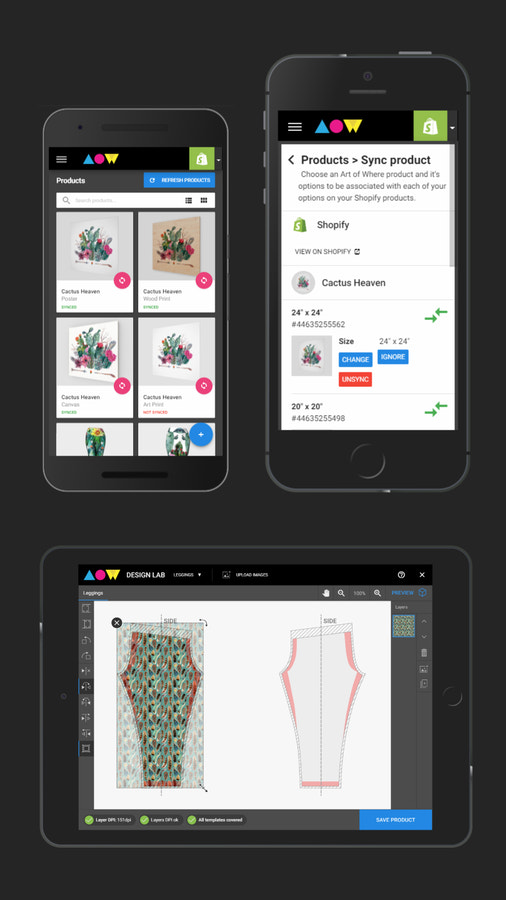 Tableau de bord Art of Where pour l'intégration Shopify sur mobile