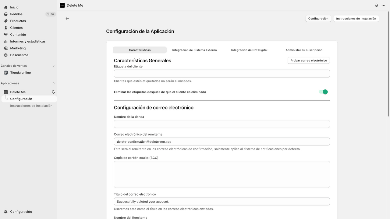 Página de configuración (Características)