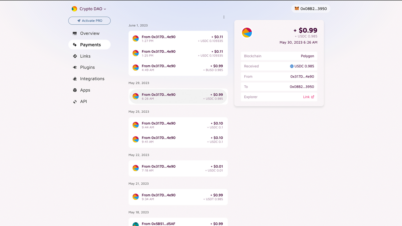 DePay Anwendung Dashboard - Übersicht über Zahlungen