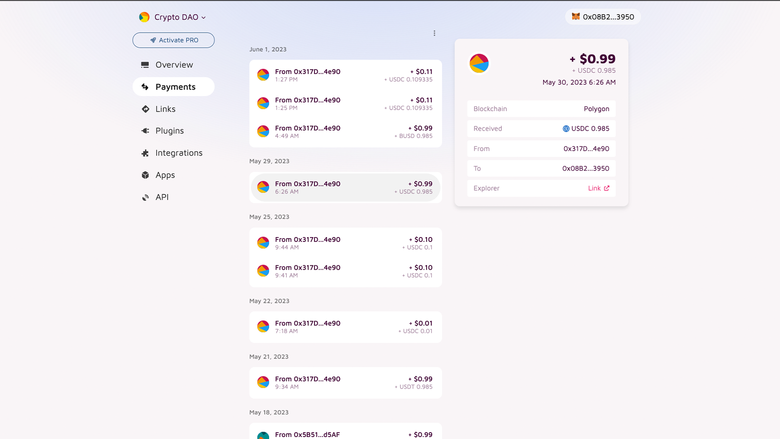 DePay Anwendung Dashboard - Übersicht über Zahlungen