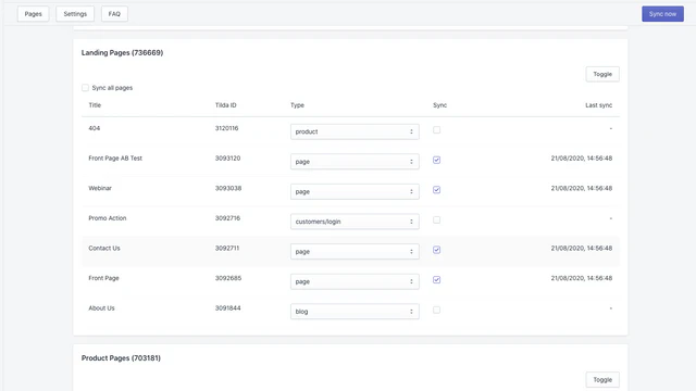 Toutes les pages Tilda peuvent être configurées pour la synchronisation