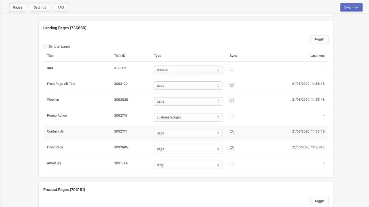 Alle Tilda-pagina's kunnen worden geconfigureerd voor synchronisatie