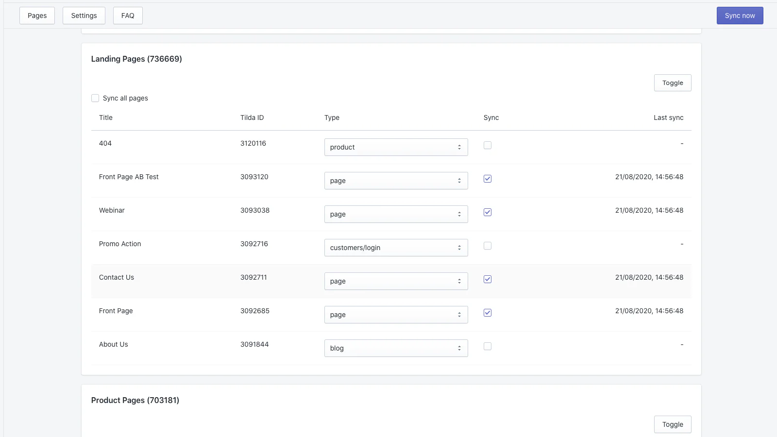 Toutes les pages Tilda peuvent être configurées pour la synchronisation