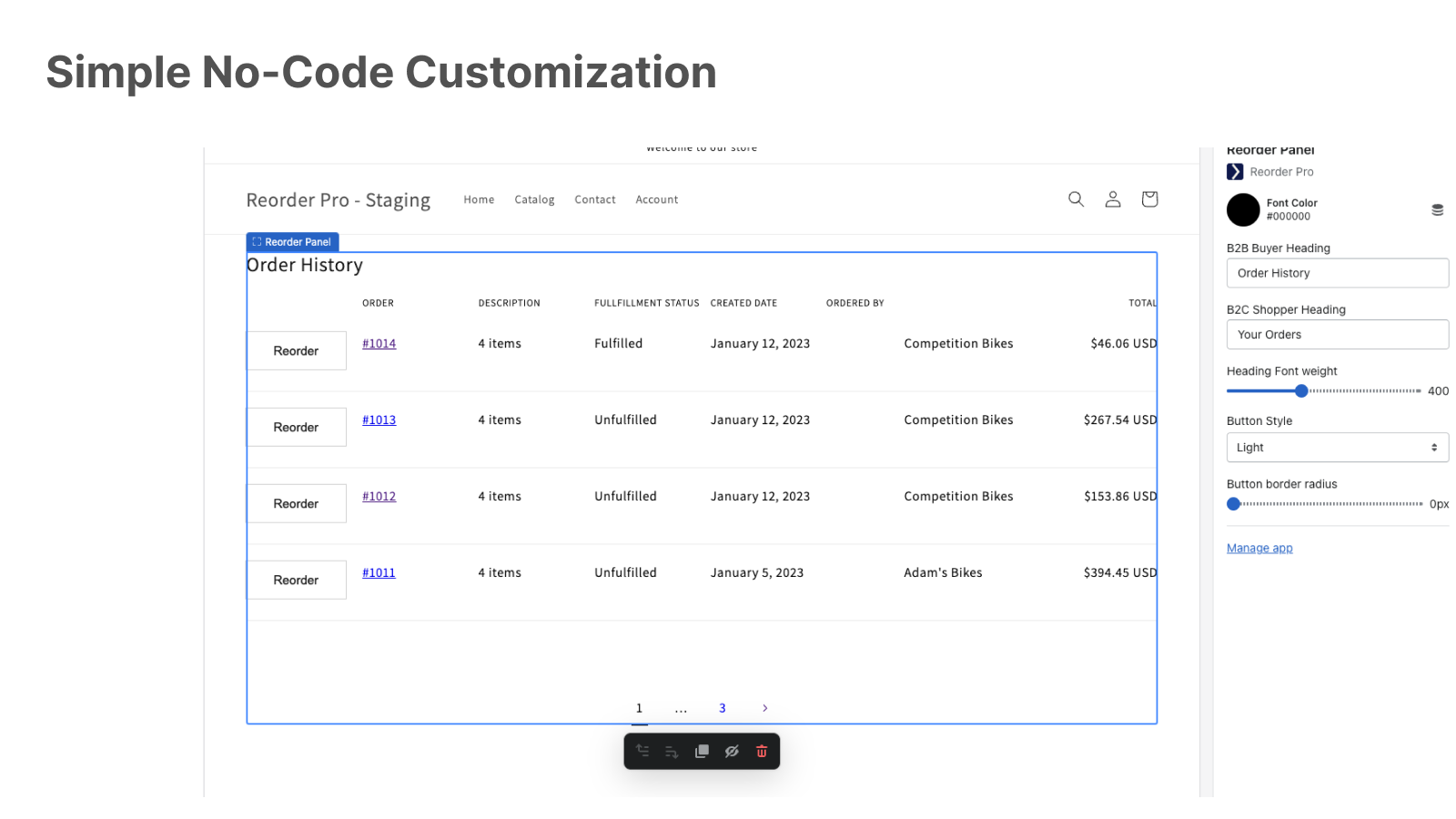 Customize the reorder panel